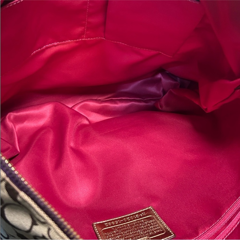 Coach Tan Signature Canvas Tote with Purple Trim and Plaid Scarf - Picture 7 of 9